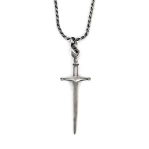 Handmade Sterling Silver Sword Pendant Necklace - Brushed Oxidized Finish