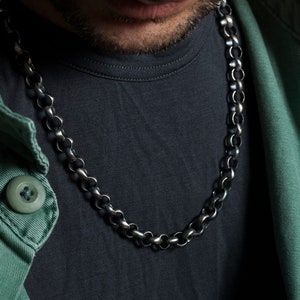 Mens Blackened Sterling Silver Chain Necklace: Chunky Round Links