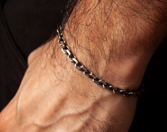 Mens Sterling Silver Chain Bracelet: Oxidized Link Jewelry