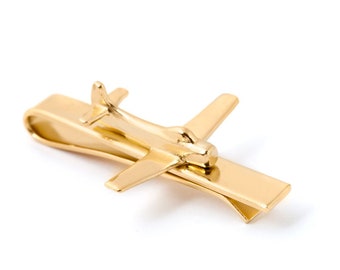 Clip de corbata chapado en oro 14K, barra de corbata de oro avión, clip de corbata de avión, clip de corbata de avión, regalo piloto de barra de corbata de avión, clip de corbata único, barra de corbata de oro
