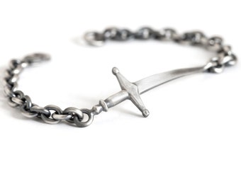 Sword Pendant Men, Chain Link Bracelet in Sterling Silver, Valentine's Day Gifts