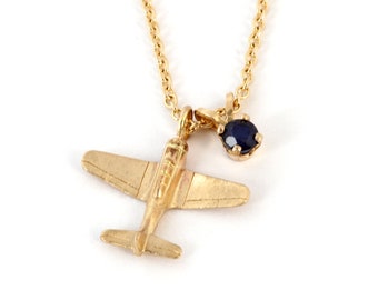 September Birthstone Gifts, 14K Gold Airplane Pendant Necklace with Blue Sapphire Charm, Plane Charm Necklace Gold, Multi Charm Necklace