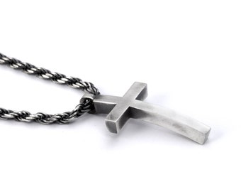 Oxidized Sterling Silver Cross Necklace, Rope Chain, Christian Gift