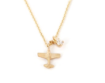 April Birthstone Charm with 14K Gold Airplane Pendant Necklace, White Diamond Charm Necklace, Flight Attendant Gifts, Airplane Gifts Women