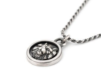 Mens Leo Necklace Sterling Silver Lion Head Zodiac Pendant