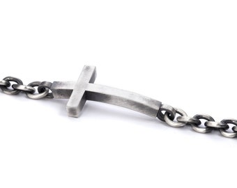 Oxidized Sterling Silver Sideways Cross Bracelet - Modern Christian Jewelry