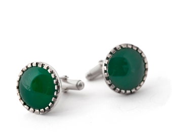 Gemstone Cufflinks in Sterling Silver with Natural Agate Gemstone  – Perfect Groom Cufflinks for Green Wedding