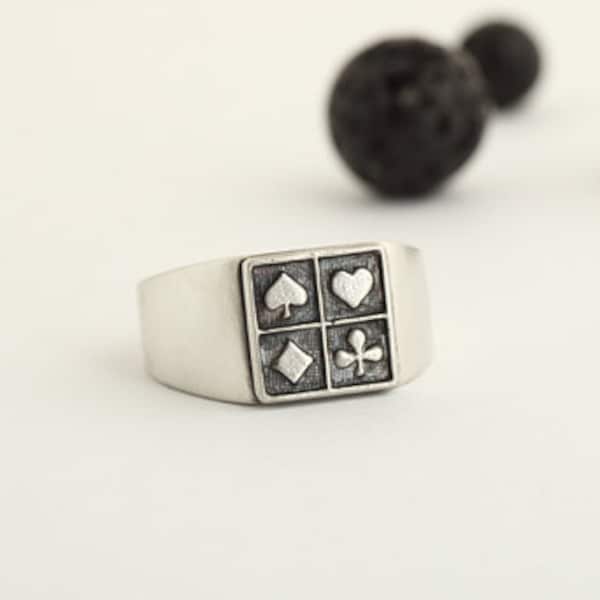 Personalized Mens poker ring,Mens Ring Silver Signet, Poker Gifts for Men, Personal Poker Player Gifts.