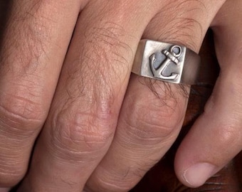Sterling Silver Anchor Ring Mens - Oxidized Nautical Jewelr.