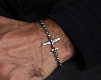 Sterling Silver Airplane Bracelet for Men: Pilot Gift with Ball Chain