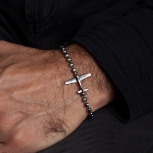 Sterling Silver Airplane Bracelet for Men: Pilot Gift with Ball Chain