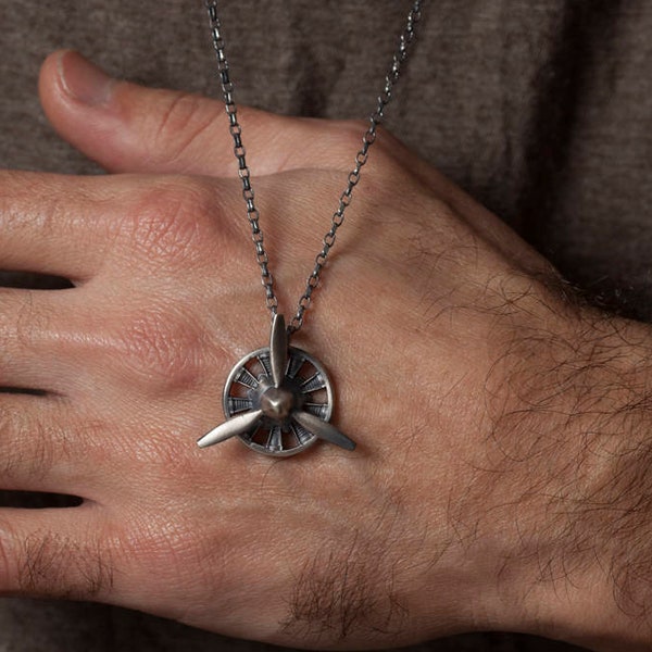 Spinning Propeller Necklace for Men – 3 Blade Propeller Pendant Necklace Sterling Silver, Great Pilot Gifts for Men