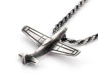 Handmade P-51 Mustang Necklace: Oxidized Sterling Silver Aviation Jewelry