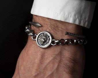 Lion Head Bracelet Men, Mens Lion Bracelet Sterling, Lion Silver Bracelet, Lion Jewelry Men, Zodiac Gifts for Him, Mens Medallion Bracelet