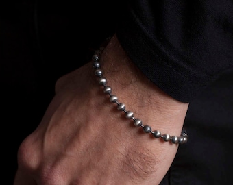 Oxidized Sterling Silver Bead Bracelet for Men - Handmade