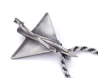 Mirage Fighter Jet Necklace, Sterling Silver Rope Chain Necklace, Airplane Fan Gift, Pilot Dad Gift, Vintage Aviation Gifts, Jet Plane Gifts