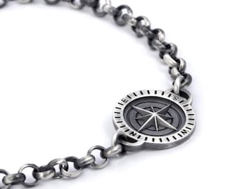 North Star Compass Bracelet Sterling Silver, North Star Bracelet for Men, Compass Gifts, Cool Mens Jewelry Bracelet, Cool Gift for Boyfriend