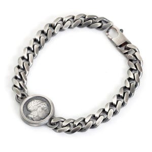 Mens Chain Sterling Silver Bracelet with Roman Coin Replica Medallion
