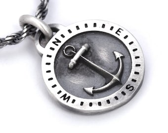 Sterling Silver Anchor Compass Necklace: Nautical Boater Gift