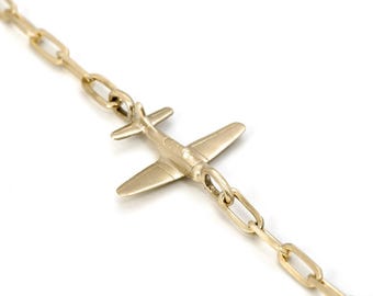 14K Gold Paperclip Chain Bracelet, Airplane Charm, Pilot Jewelry