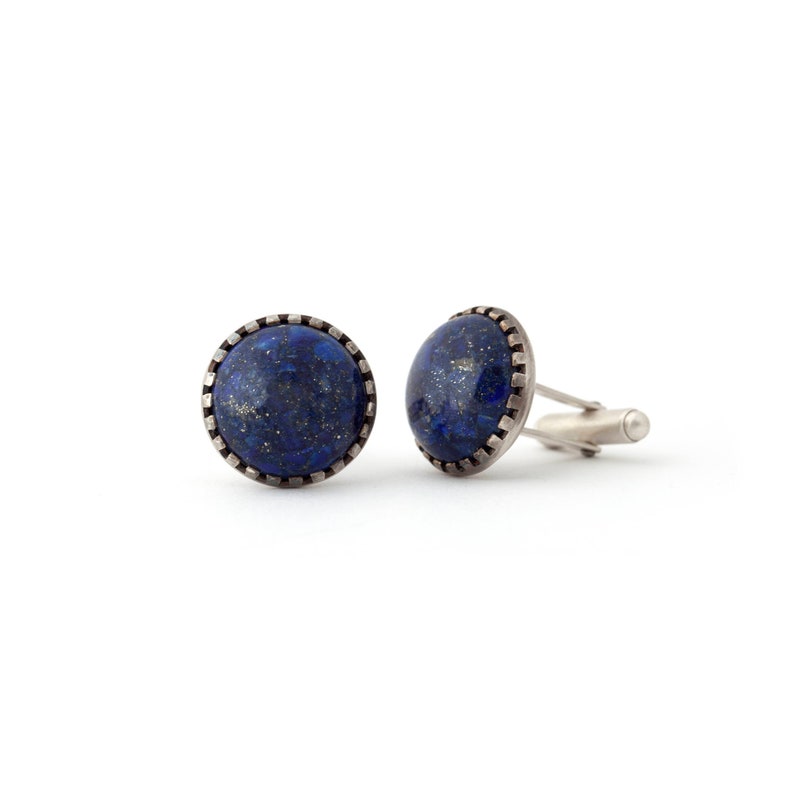 Blue Cufflinks in Sterling Silver with Natural Blue Lapis Gemstone Ideal Wedding Cufflinks for Blue Wedding image 1