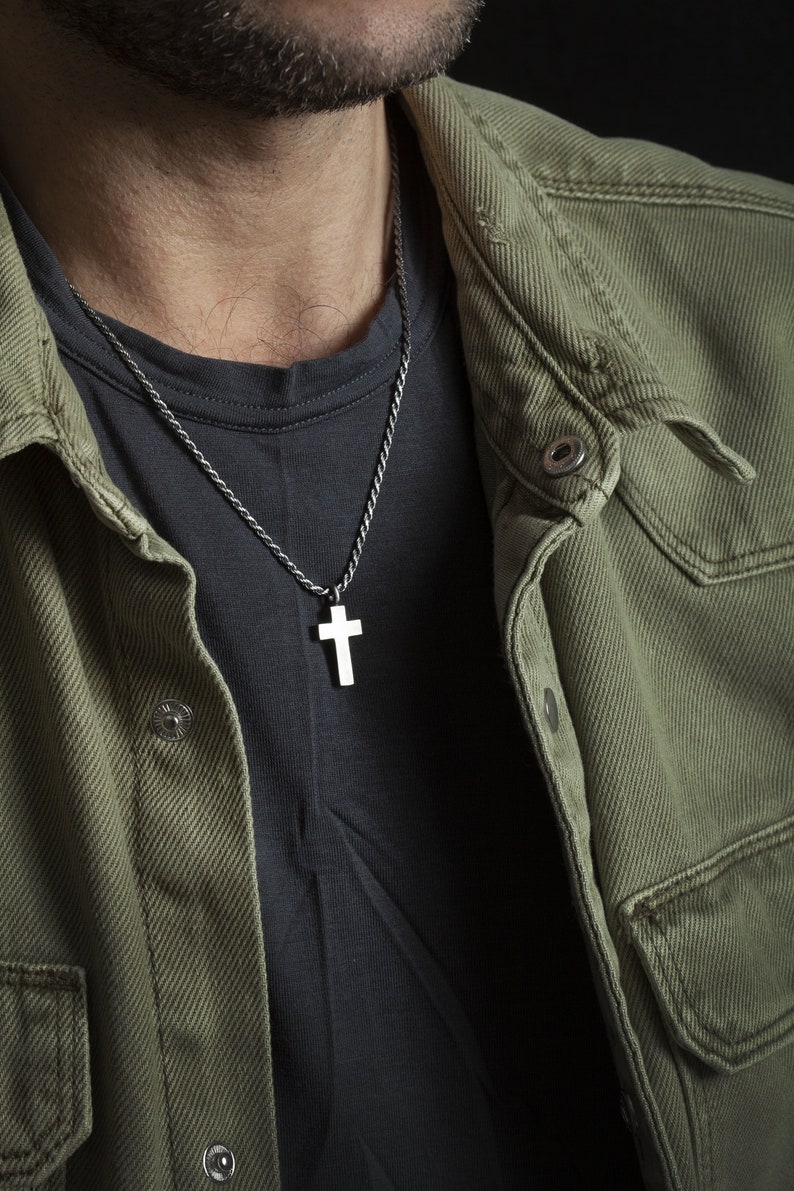 Mens Silver Cross Necklace, Custom Mens Cross Necklace Sterling Silver, Large Cross Pendant Necklace for Men, Religious Gifts for Men image 2