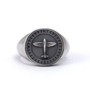 Spitfire Vintage Airplane Compass Signet Ring, Cool Mens Rings, Vintage Plane Gifts, Custom Mens Rings Sterling Silver, Pilot Ring Gifts image 2