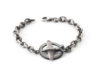 Gear and Plane Bracelet – Mens Chain Link Bracelet in Sterling Silver