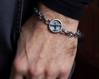 Sterling Silver Airplane Bracelet: Oxidized Chain Link, Handmade