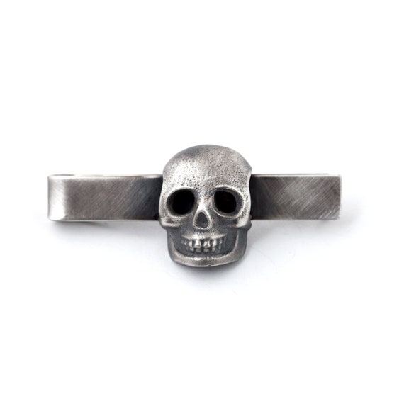 Sterling Silver Skull Tie Bar, Skull Tie Clip, Steampunk Tie Clip  