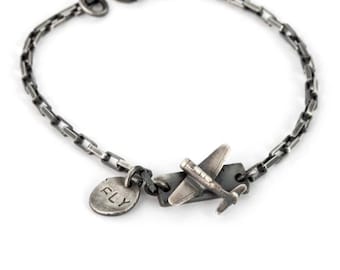 Sterling Silver Airplane Bracelet, Black Oxide Finish, Pilot Gift