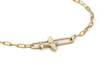 14K Solid Gold Airplane Bracelet: Dainty Paper Clip Chain