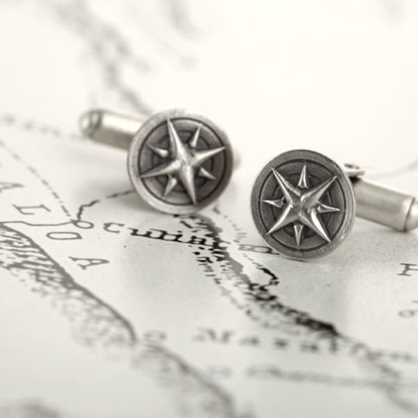 Boutons de manchette Compass, Bijoux nautiques, Argent sterling, Rose boussole, Étoile nautique, Bijoux compass, Cadeau pour lui, Cadeau de mariage, Marines de la Marine