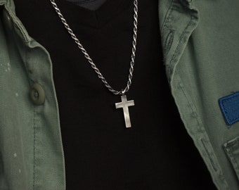 Cross Necklace Men Sterling Silver, Chunky Cross Chain Necklace, Religious Gifts  for Men, Cool Cross Necklace Unique, Faith Gifts for Him