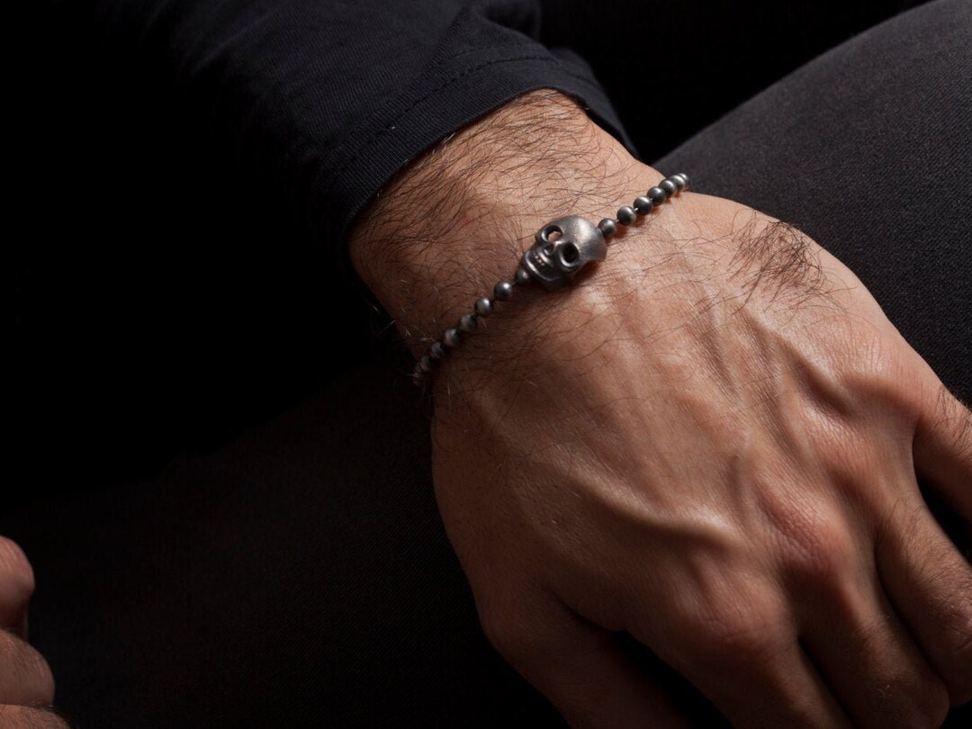 Mens Skull Bracelet Black Skull Bracelet Silver Cool Skull Etsy