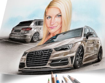 Autoportrait drawing - COLORED PEN - drawing of the car - hand drawn - have the photo painted - commissioned drawing - have the car drawn