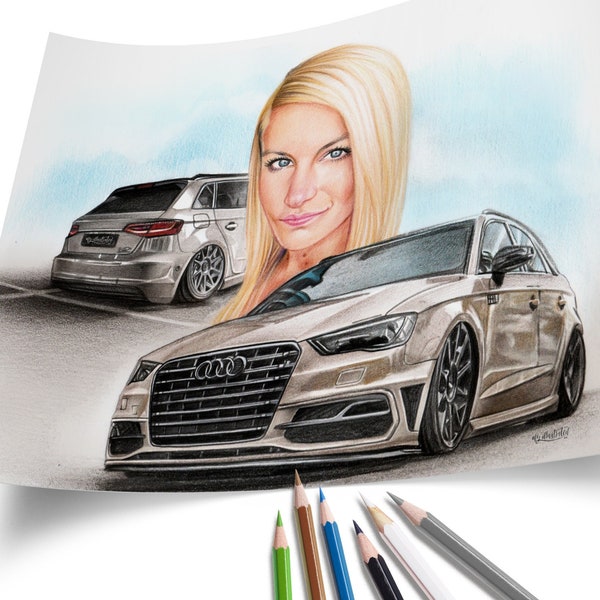 Autoportrait Zeichnung – BUNTSTIFT – Zeichnung vom Auto - handgezeichnet - Foto malen lassen - Auftragszeichnung - Auto zeichnen lassen