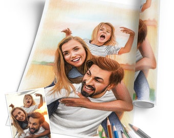 Portrait de famille - Dessin - DESSIN - Peinture photo de couple - Affiche A4 - Cadeau d’anniversaire - Dessin commandé