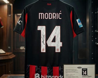 Maglia da calcio del Milan autografata da Luka Modric, numero 14, con certificato di autenticità / Maglia rossonera 2025/26 / Regalo per una leggenda della Serie A