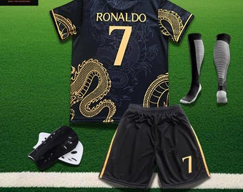 Ronaldo #7 Black Gold Dragon Soccer Kit, CR7 Football Uniform, Complete Fan Gift Set