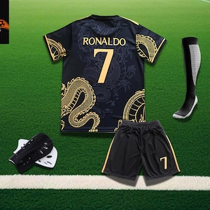 Custom Ronaldo 7 Inspired Dragon Jersey Set – Black & Gold Football Unisex Kit with Shorts Socks Shin Guards for Kids and Adults Gift