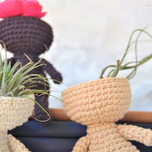 May include: Three crocheted planter dolls with different colored yarn. The doll on the left has a white planter and a green air plant. The doll in the middle has a brown planter and a pink flower. The doll on the right has a beige planter and a green air plant.