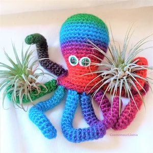May include: A crocheted octopus planter in rainbow colors with green eyes. Two air plants are planted in the octopus's head and tentacles.