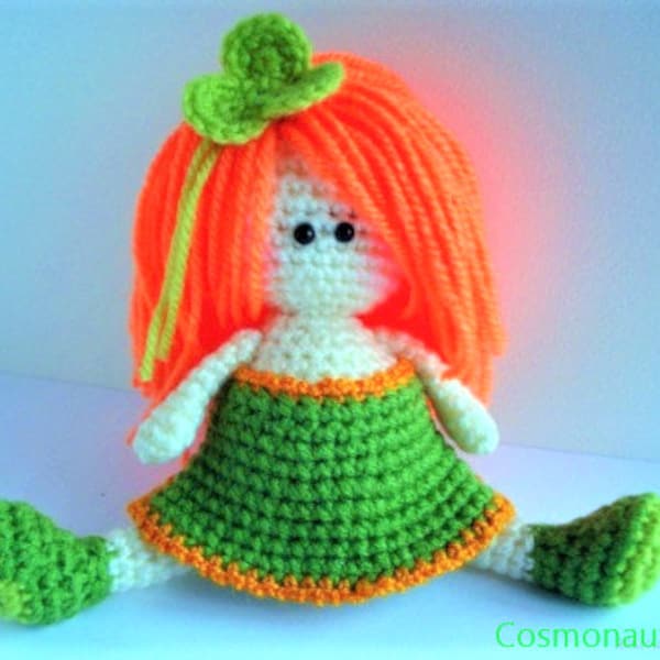 St. Patrick's Day Irish Doll Crochet Pattern, Leprechaun doll, Green Clover Decoration Doll, Ginger doll amigurumi tutorial, plush, toy diy