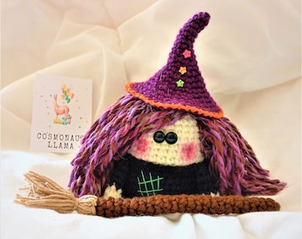 Witch crochet pattern with broomstick and hat, amigurumi halloween gnome witch toy tutorial, witch hat, crochet doll pattern, diy decoration