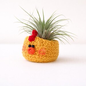 May include: A yellow crochet planter shaped like a chick, with a red bow and orange accents. The planter holds a green air plant. The handmade container is a charming addition to any home decor.