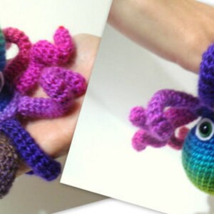 May include: A rainbow crocheted octopus with large green eyes. The octopus has eight tentacles, each a different color of the rainbow.