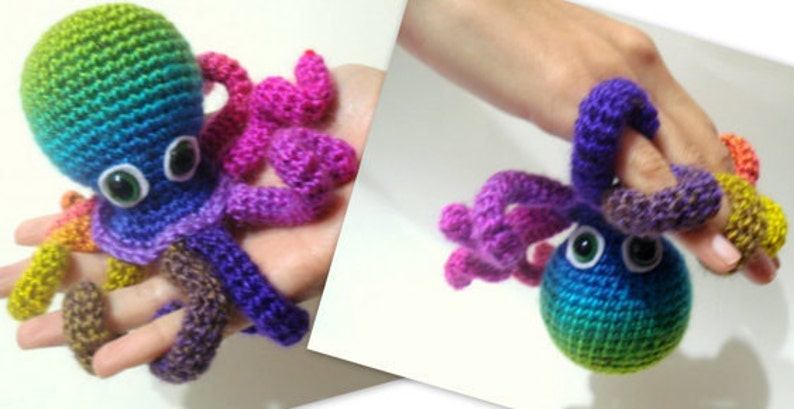 May include: A rainbow crocheted octopus with large green eyes. The octopus has eight tentacles, each a different color of the rainbow.