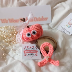 Peut inclure: Une citrouille en crochet avec des yeux globuleux et un ruban rose avec des perles. La citrouille porte un nœud en dentelle blanche. Le ruban est sur une surface en bois. Le texte "Mois de la sensibilisation au cancer du sein" est sur une carte à côté de la citrouille.