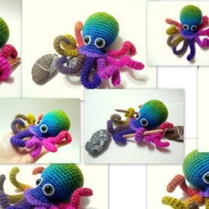 May include: A collection of rainbow crocheted octopus plushies in various poses. Some are holding pencils, others are in a pot, and some are on a hand.